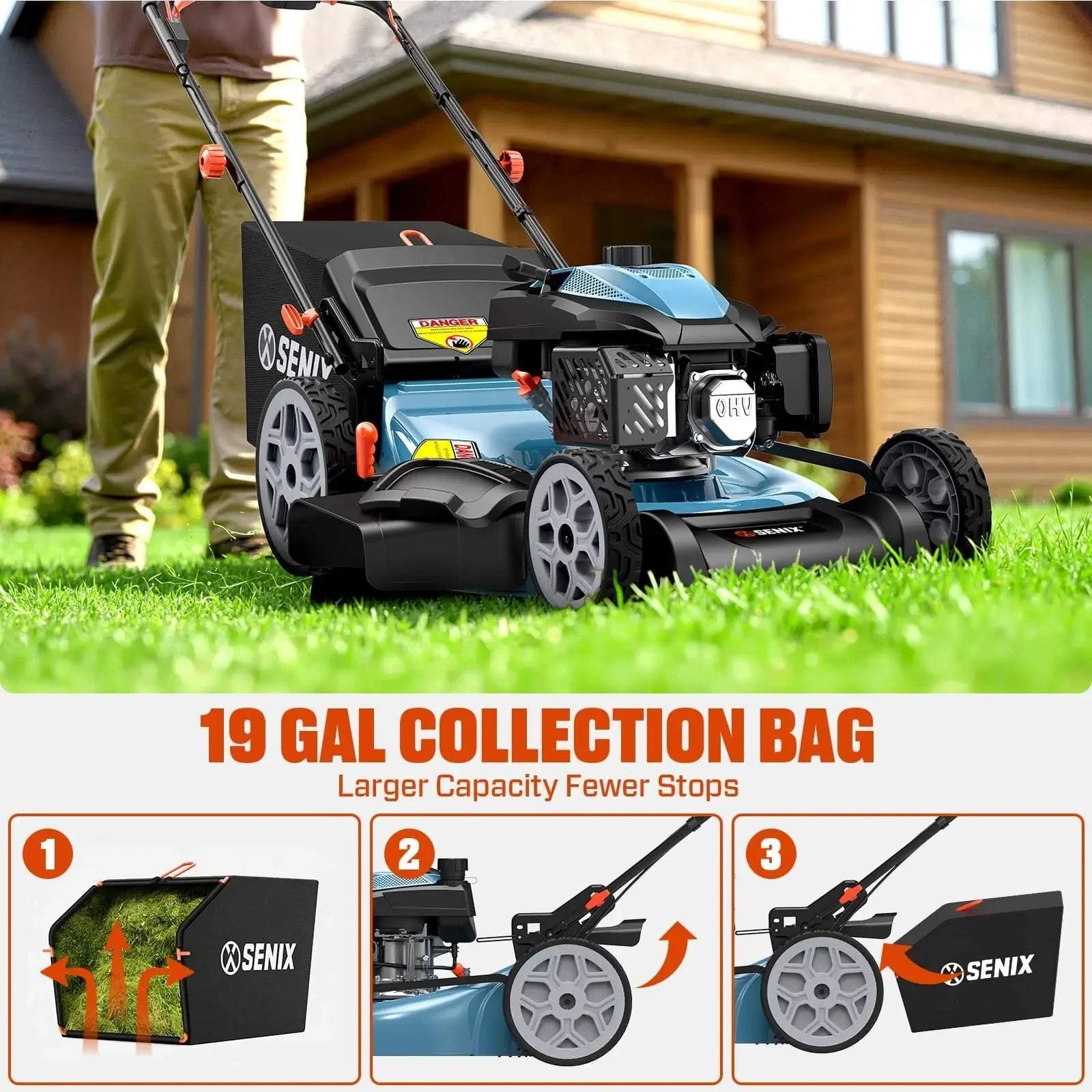 22" 201cc Gas Lawn Mower, Variable Speed Rear Wheel Self-Propelled Mower, 3-in-1 Mulching, Bagging, Discharging