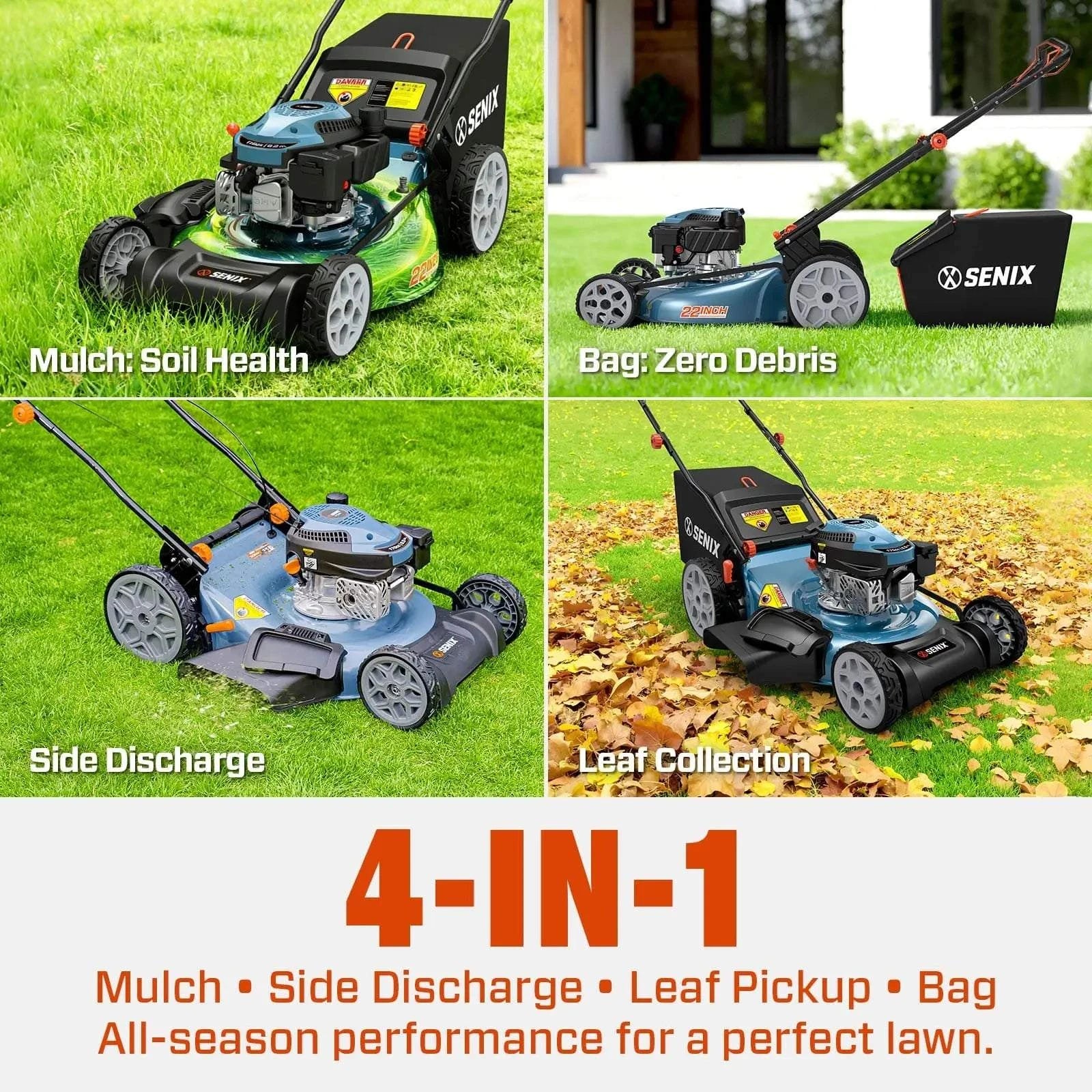 SENIX 22" Self-Propelled Gas Lawn Mower with 170cc OHV 4-Cycle Engine, 3-in-1 Walk-Behind Mower, 6-Position Height Adjustment