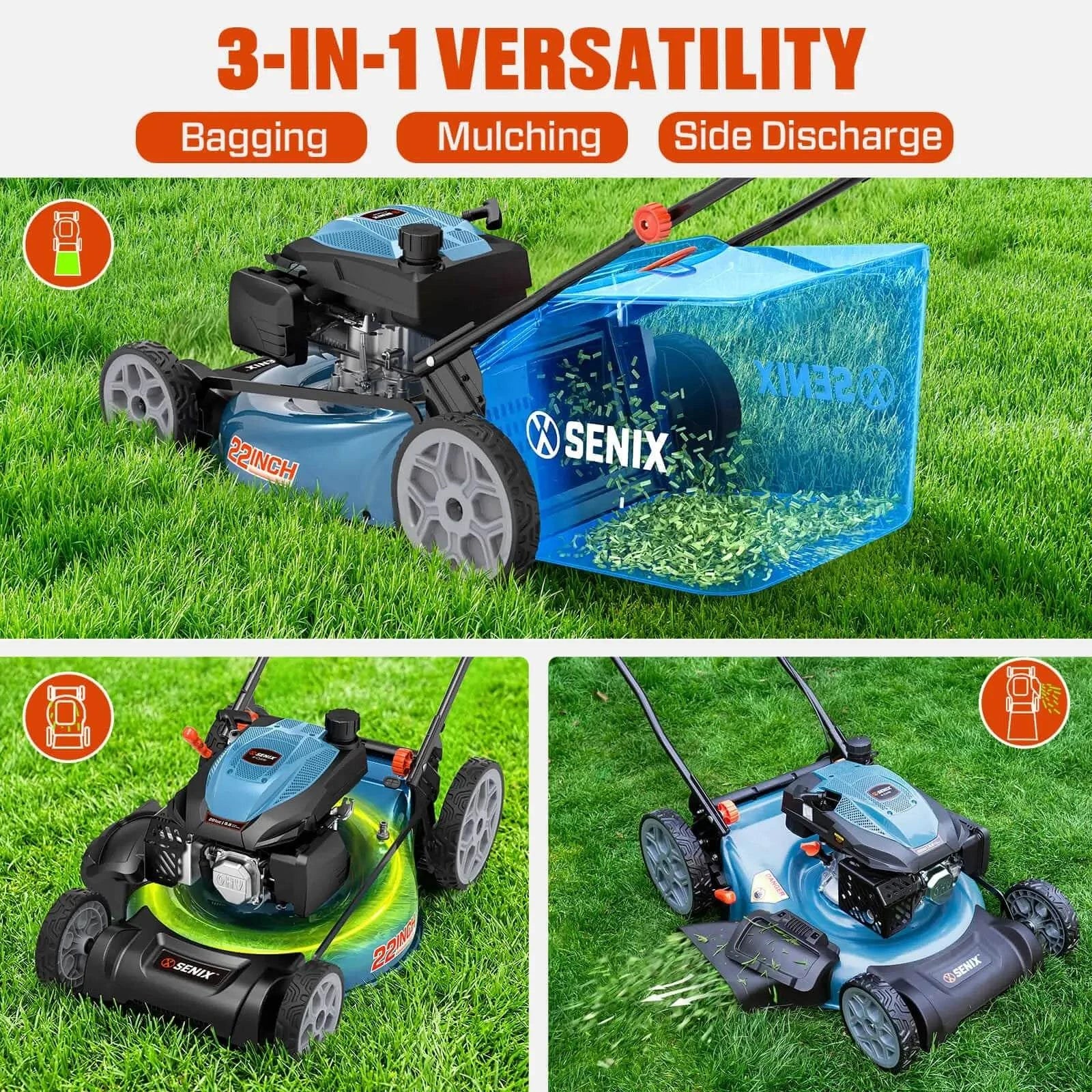 SENIX 201cc Gas Lawn Mower, 22" Single-Speed Self-Propelled Mower
