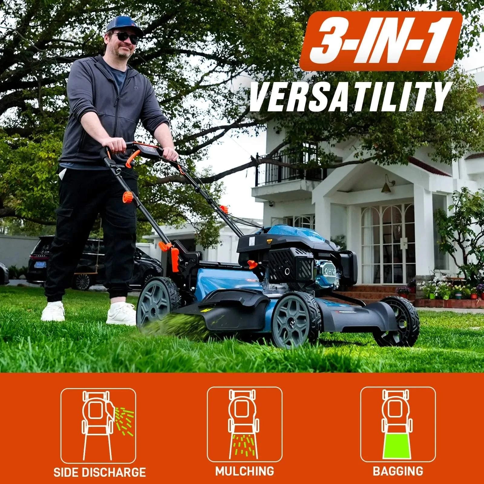 A man pushes a blue and black 3-in-1 lawn mower on a green lawn in front of a white house. The image includes text overlays reading '3-IN-1 VERSATILITY' and three feature icons at the bottom for side discharge, mulching, and bagging.
