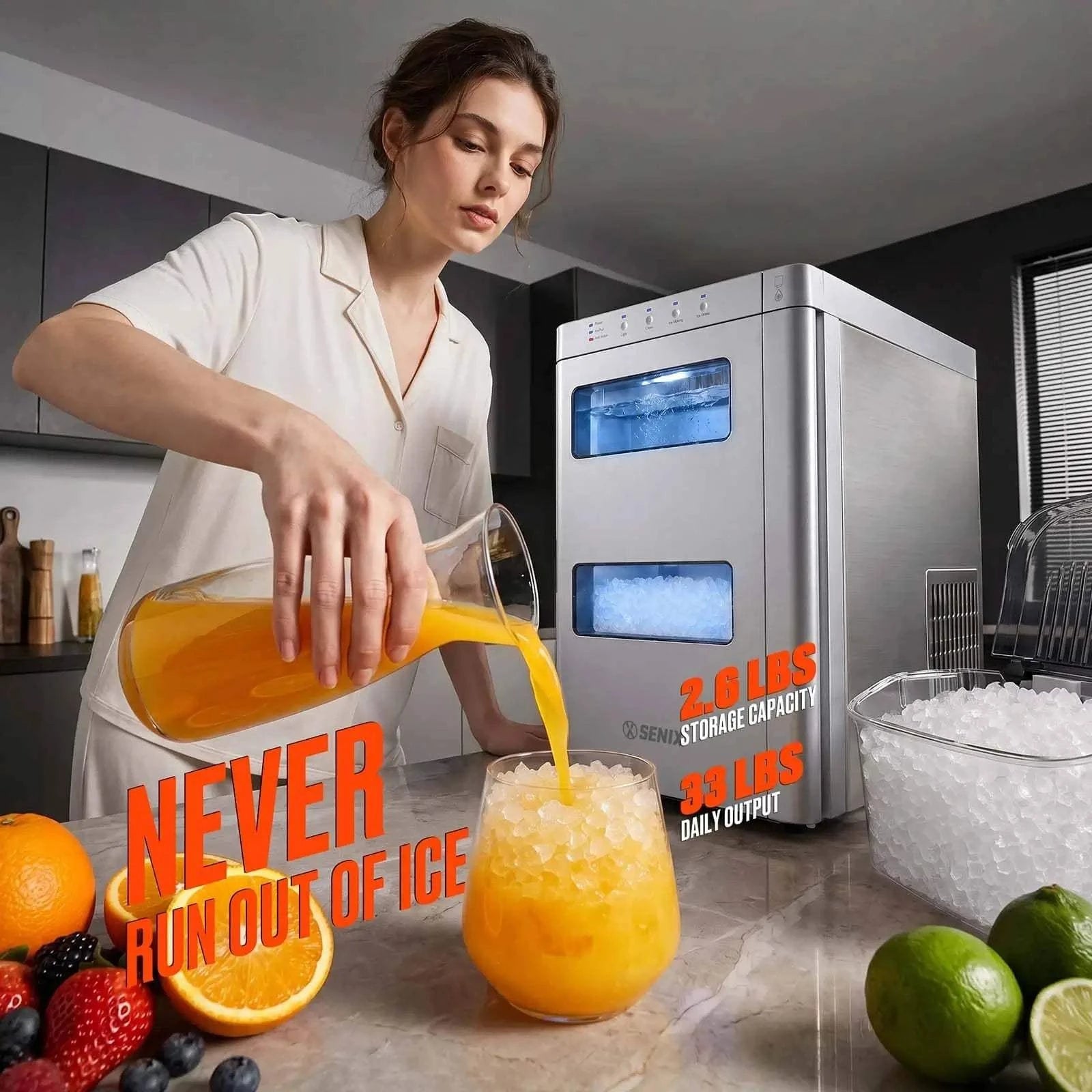 Countertop Nugget Ice Maker with Chilled Water Dispenser, 2L + 1L Water Tank, 1.2kg Ice Basket, Self-Cleaning
