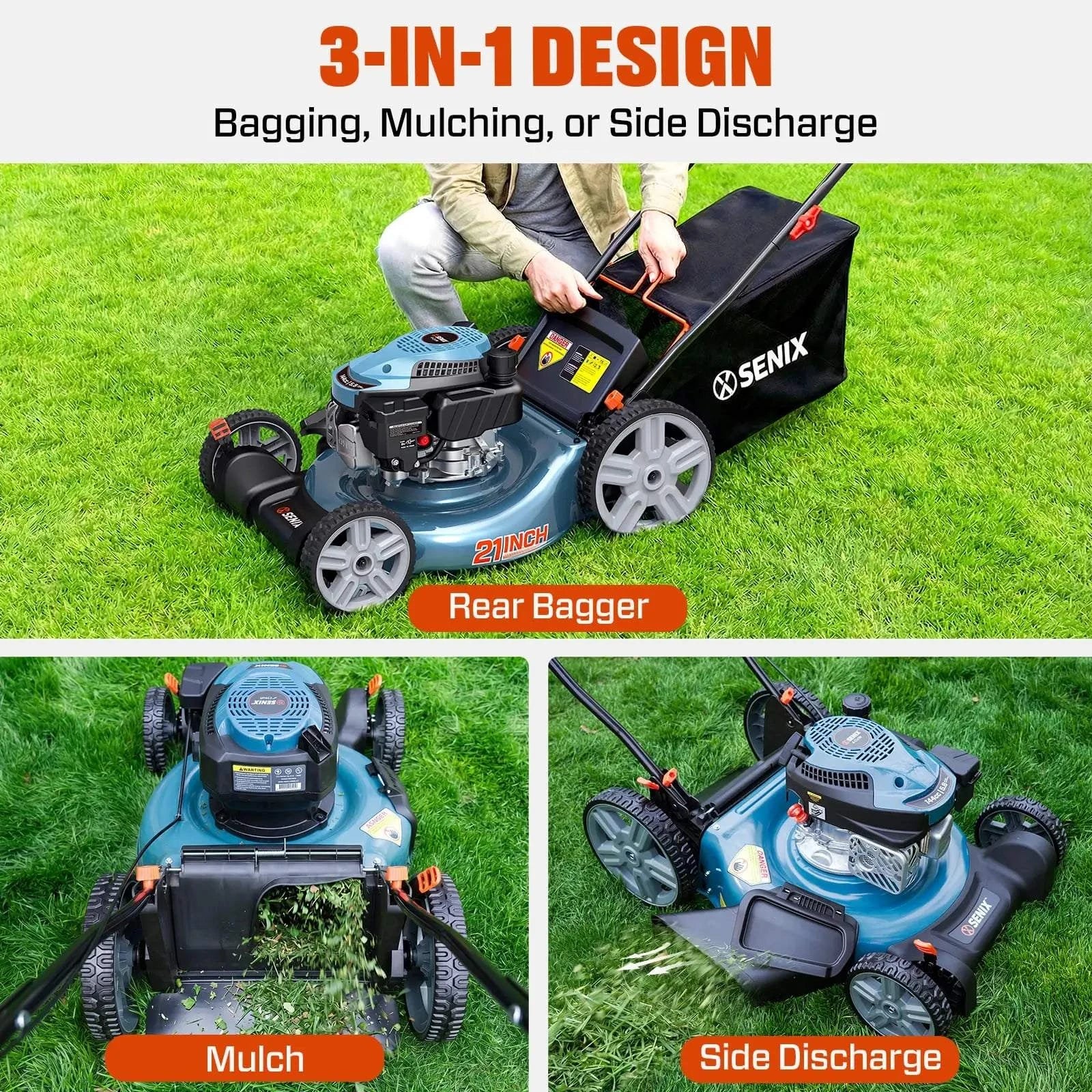 21'' 144 cc Gas-Powered 4-Stroke Engine Push Lawn Mower, 3-in-1 Design, Steel Deck, 6-Level 1.25''-3.75'' Cutting Height, with 1.7 Bushels Grass Bag LSPG-M14