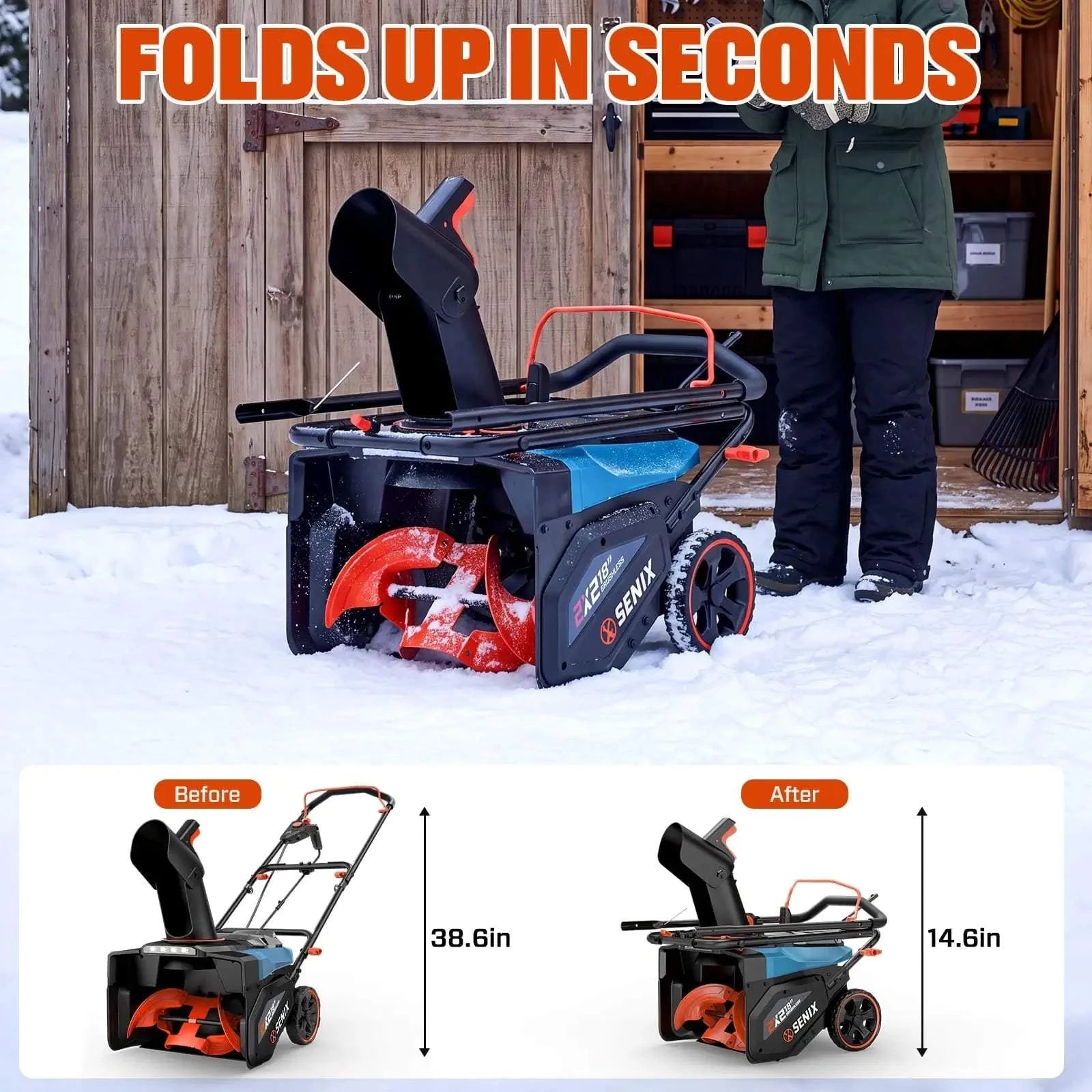 SENIX 2X2 40V Max 18" Cordless Snow Blower, Brushless 2*5.0 Ah Batteries & Dual-Port Charger Included