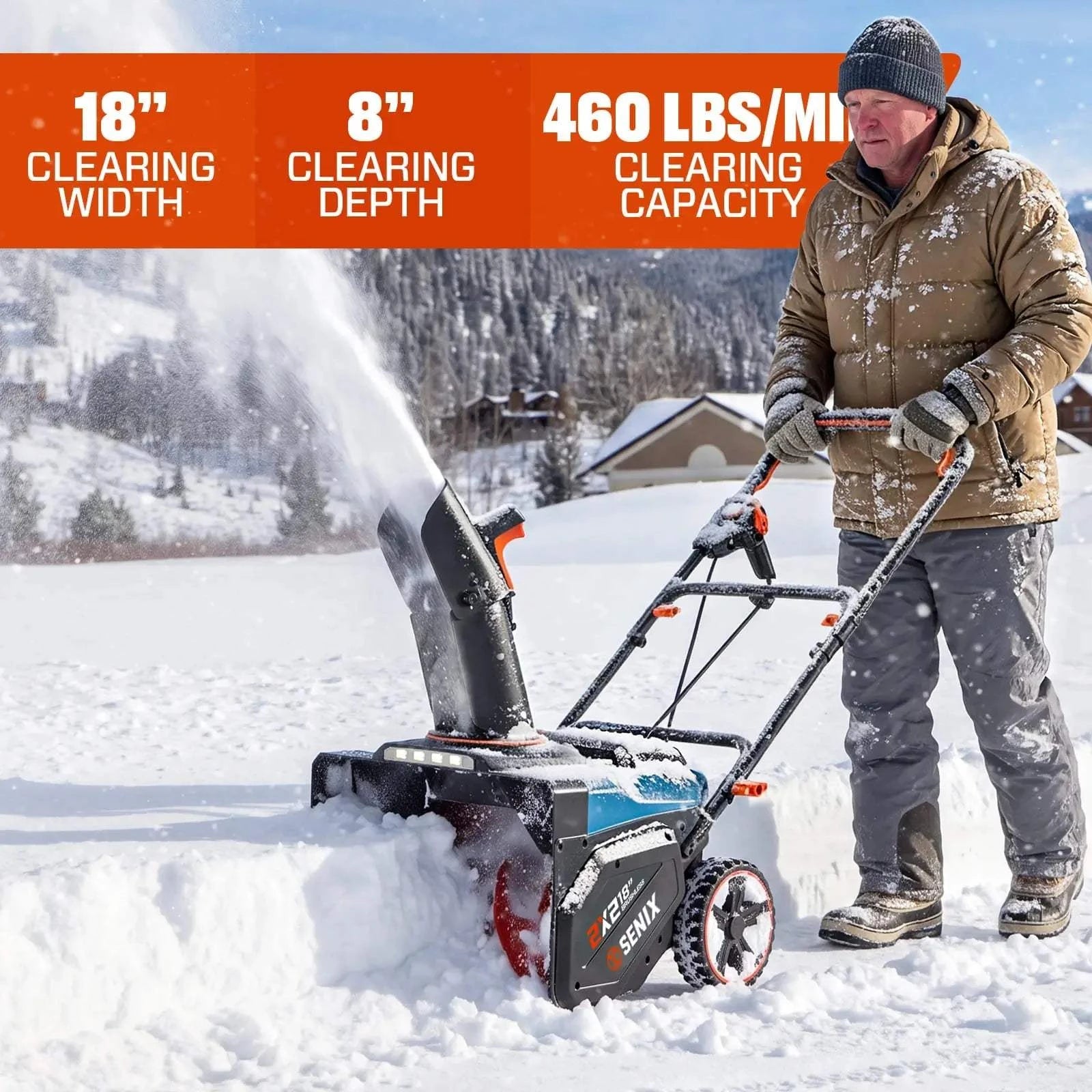 SENIX 2X2 40V Max 18" Cordless Snow Blower, Brushless 2*5.0 Ah Batteries & Dual-Port Charger Included