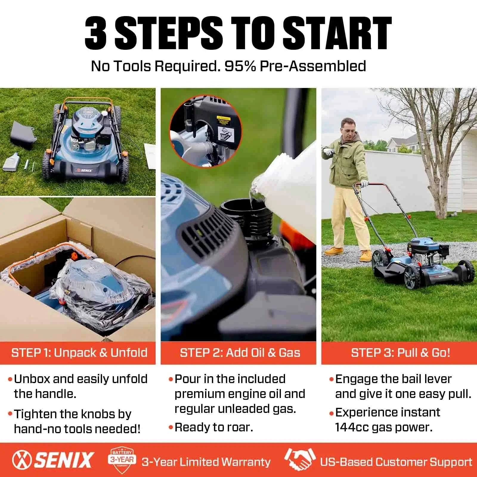 SENIX 21'' 144cc 2-IN-1 4-Cycle Gas Push Lawn Mower & 6 Amp Corded Electric Leaf Blower Combo Kit