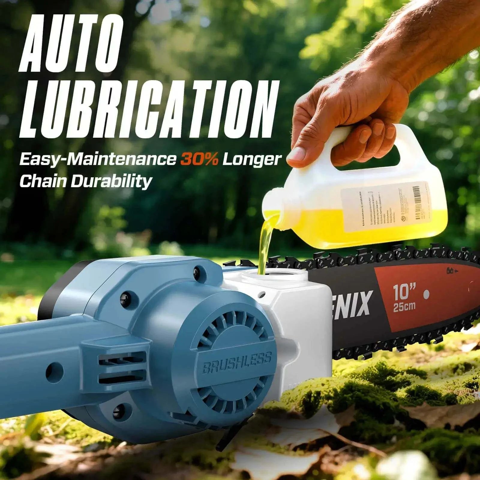 A person pouring bar and chain oil into a SENIX pole saw, demonstrating the auto lubrication feature for easy maintenance.