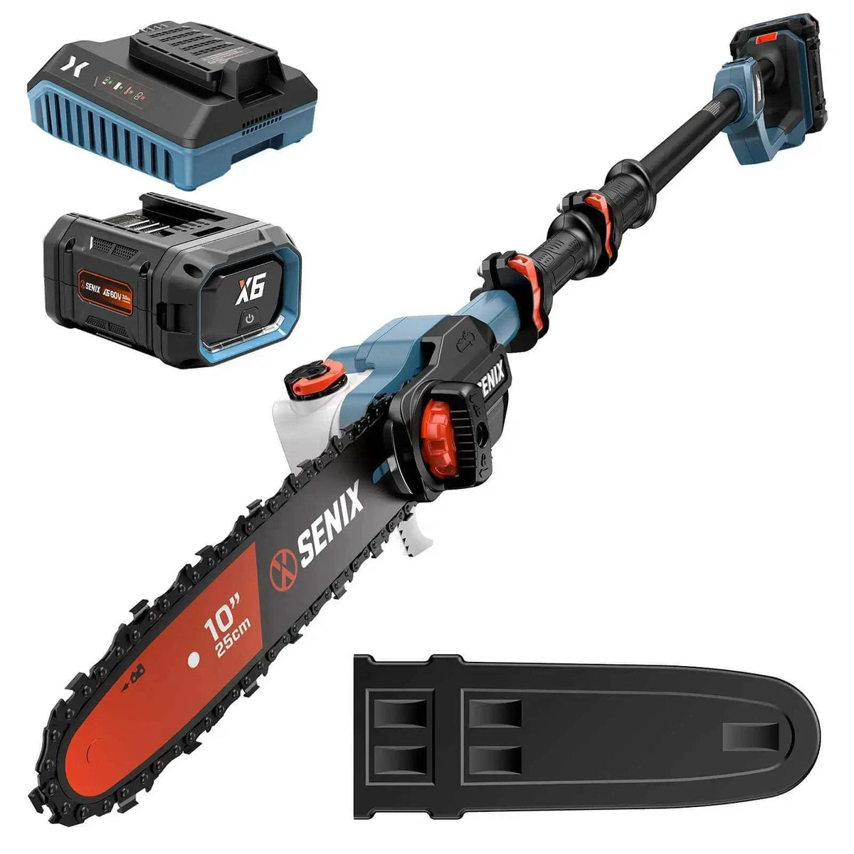 SENIX cordless electric pole saw kit on a white background, including the pole chainsaw, lithium-ion battery, charger, and protective blade sheath.