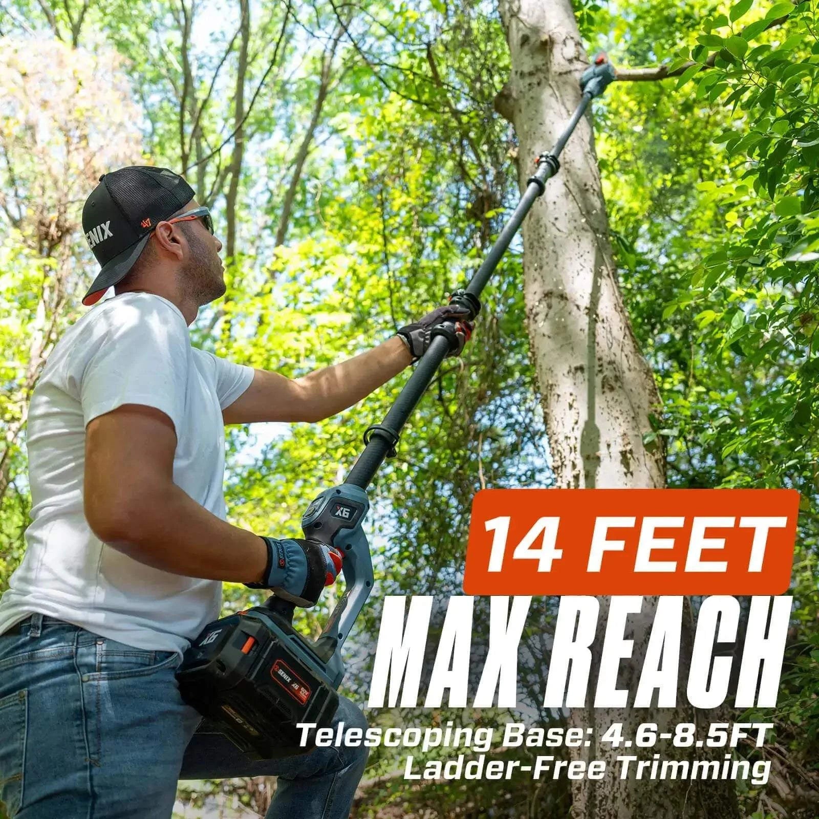 A man wearing safety gear uses a SENIX pole saw to trim high tree branches, with text overlay showing 14 feet max reach.