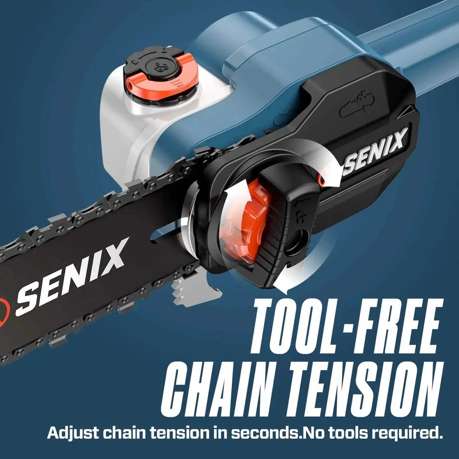 Close-up view of the SENIX pole chainsaw head showing the tool-free chain tension adjustment knob for easy maintenance.