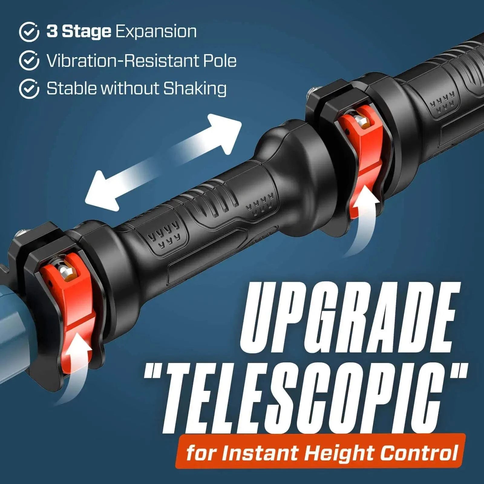 Close-up of the adjustable locking mechanism on the SENIX pole saw, highlighting the upgrade telescopic shaft for height control.