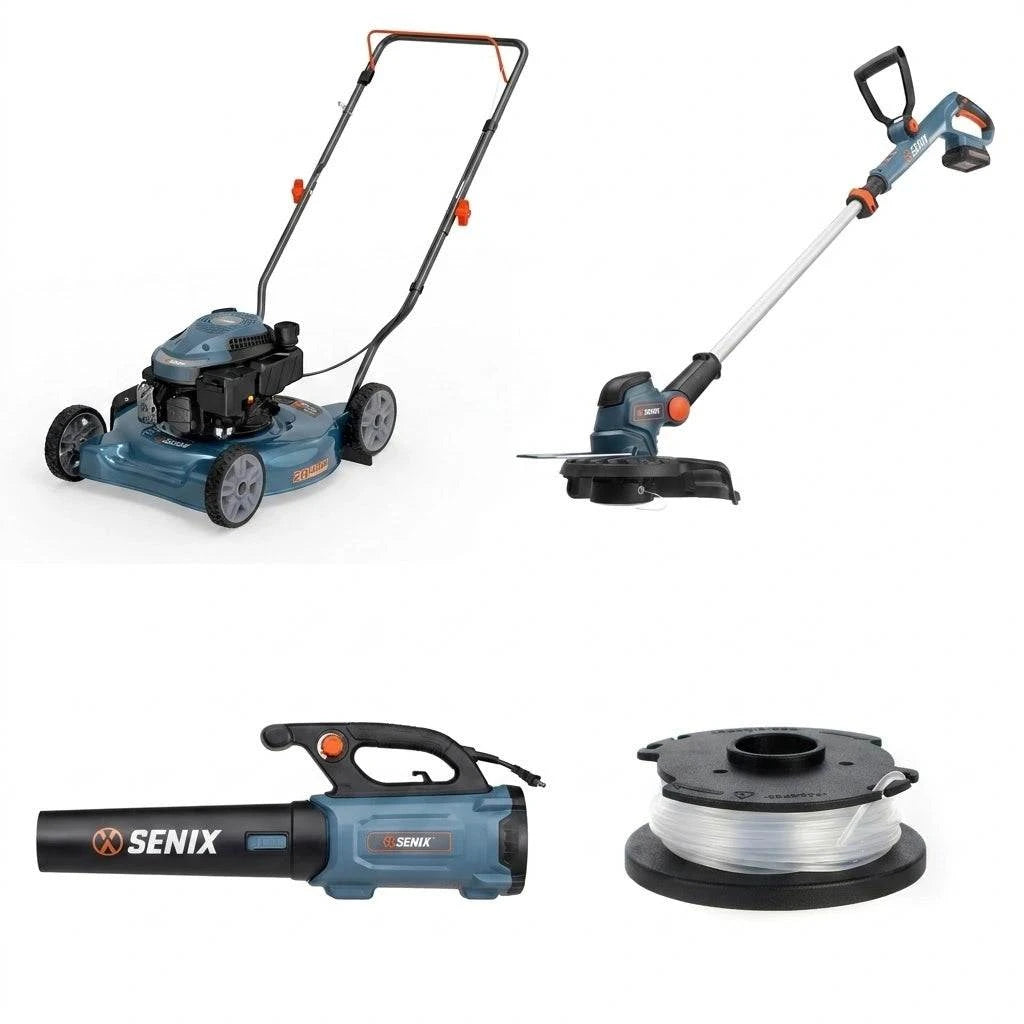SENIX Complete Yard Care Bundle – 20" Gas Lawn Mower, X2 20V String Trimmer, 12A Leaf Blower & Replacement Trimmer Line